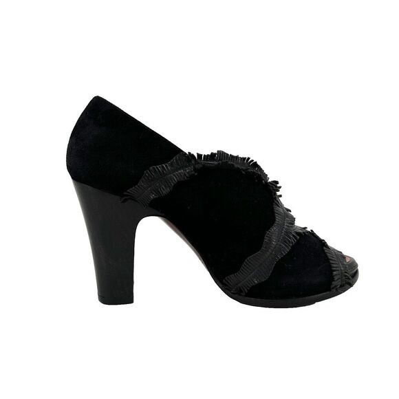 Chie Mihara Shoes - Chie Mihara Size 37 Black Suede Block Heels Fringe PeepToe 3.5in Boho Steampunk